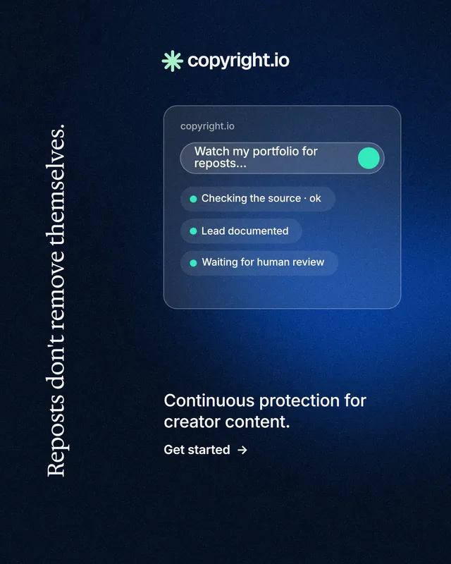 Instagram portrait post for copyright.io: "Reposts don't remove themselves." Minimal luxury style, vertical layout, dark palette in black, blue.