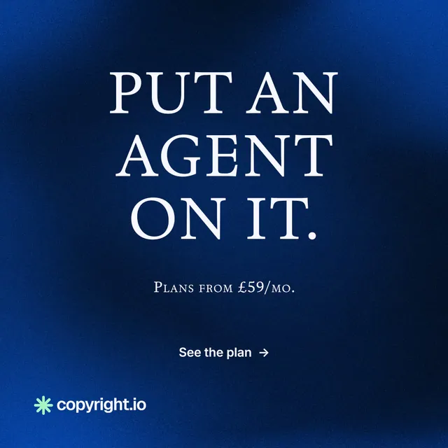 Instagram post for copyright.io: "Put an agent on it." Agentic glass style, smallcaps layout, dark palette in blue, black.