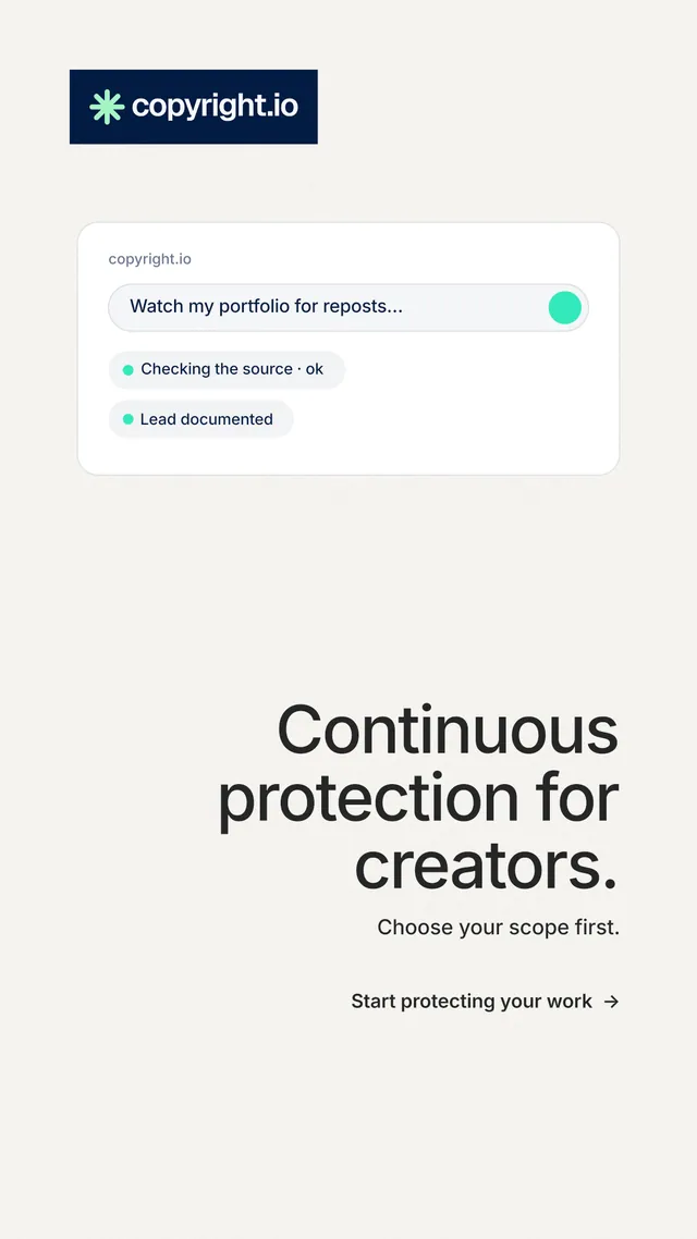 Instagram story for copyright.io: "Continuous protection for creators." Minimal luxury style, right layout, light palette in white, grey.
