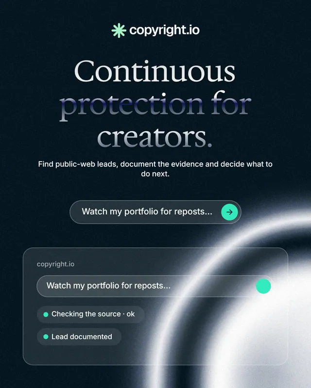 Instagram portrait post for copyright.io: "Continuous protection for creators." Agentic glass style, centred layout, dark palette in black, blue, grey.