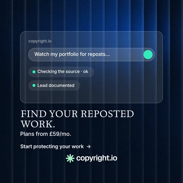 Instagram post for copyright.io: "Find your reposted work." Minimal luxury style, bottom layout, dark palette in blue, black.