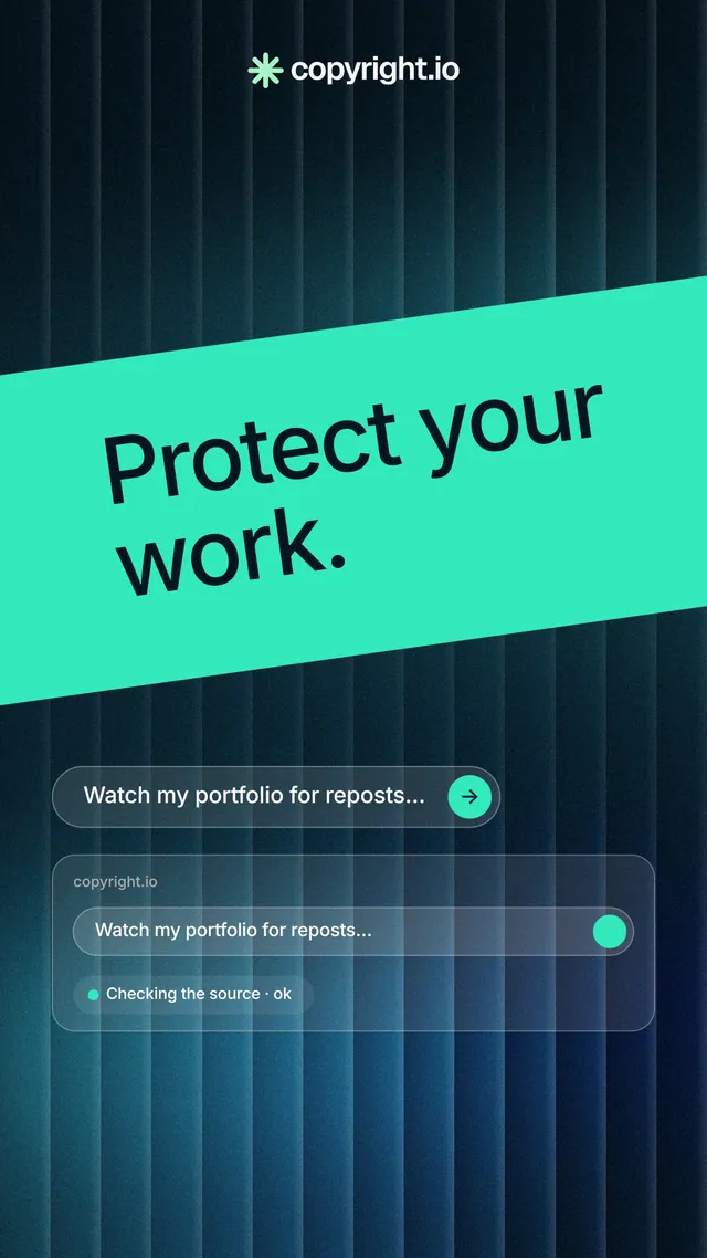 Instagram story for copyright.io: "Protect your work." Agentic glass style, diagonal layout, dark palette in teal, blue, black.