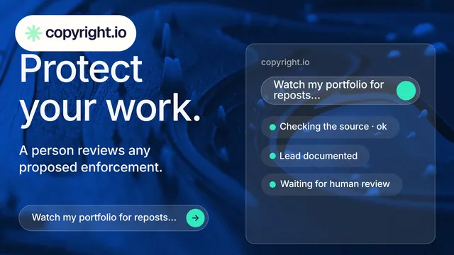 Landscape graphic for copyright.io: "Protect your work." Agentic glass style, bottom layout, dark palette in blue.
