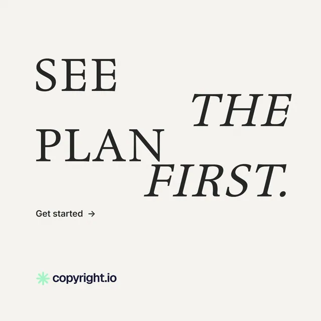 Instagram post for copyright.io: "See the plan first." Minimal luxury style, stacked layout, light palette in white, grey.