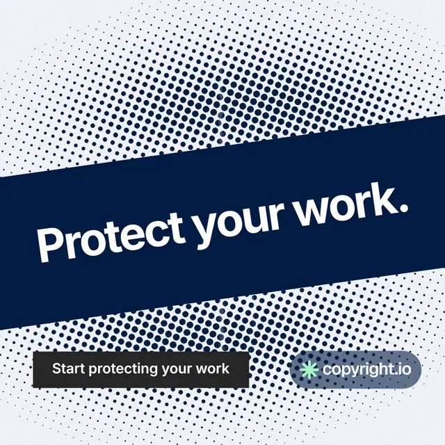 Instagram post for copyright.io: "Protect your work." Swiss style, diagonal layout, light palette in white, blue, grey.