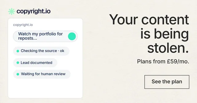 Social ad for copyright.io: "Your content is being stolen." Editorial style, right layout, light palette in white, grey.