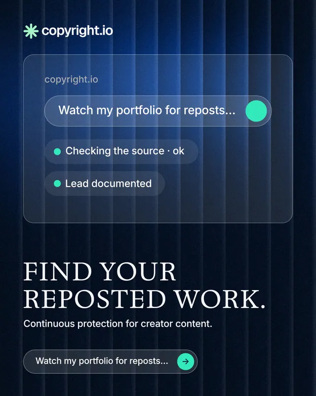 Instagram portrait post for copyright.io: "Find your reposted work." Agentic glass style, bottom layout, dark palette in black, blue.