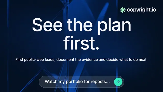 Landscape graphic for copyright.io: "See the plan first." Agentic glass style, centred layout, dark palette in blue, black.