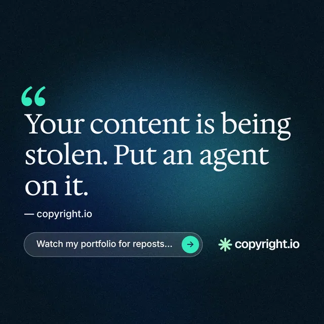 Instagram post for copyright.io: "Reposts don't remove themselves." Agentic glass style, quote layout, dark palette in black, blue.