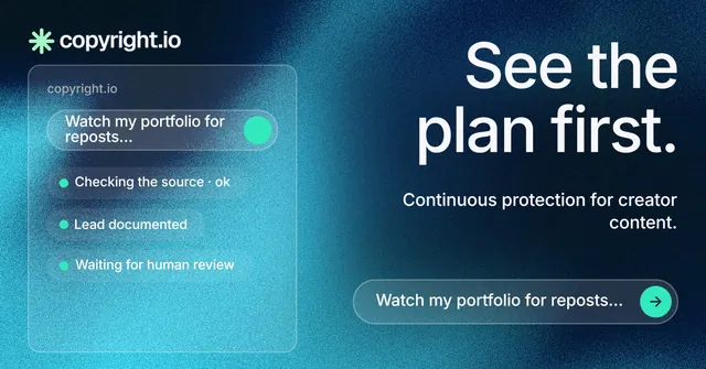 Social ad for copyright.io: "See the plan first." Agentic glass style, right layout, dark palette in teal, black, blue.