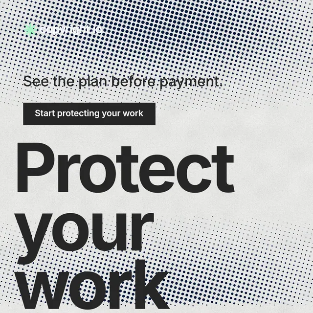 Instagram post for copyright.io: "Protect your work." Swiss style, oversized layout, light palette in grey, white.