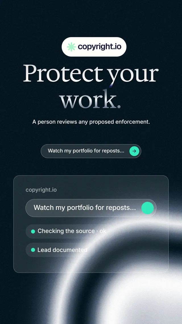 Instagram story for copyright.io: "Protect your work." Agentic glass style, centred layout, dark palette in black, blue, grey.