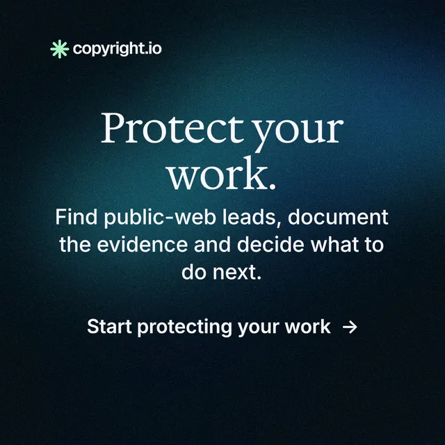 Instagram post for copyright.io: "Protect your work." Minimal luxury style, skeleton layout, dark palette in blue, black.