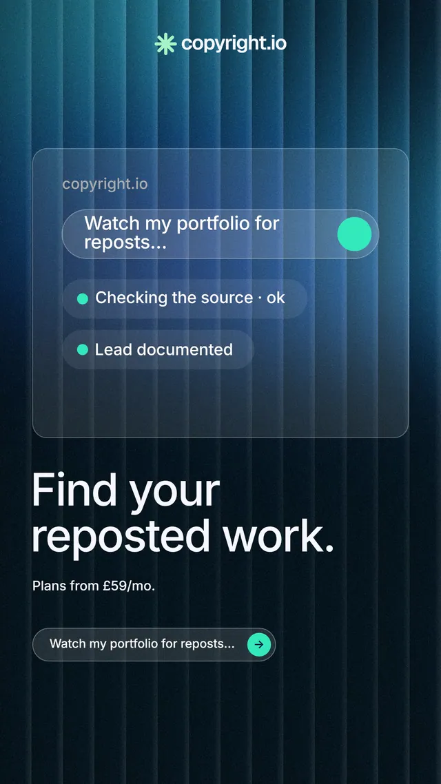 Instagram story for copyright.io: "Find your reposted work." Agentic glass style, bottom layout, dark palette in blue, black.