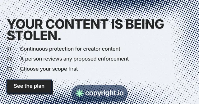 Social ad for copyright.io: "Your content is being stolen." Brutalist style, numbered layout, light palette in grey, white, blue.