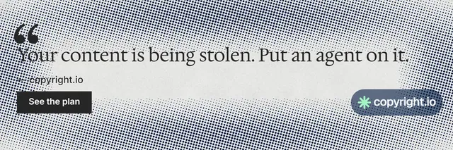 X header for copyright.io: "Protect your work." Swiss style, quote layout, light palette in grey, white.
