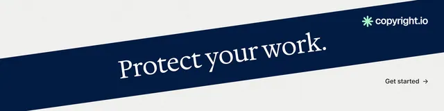 LinkedIn banner for copyright.io: "Protect your work." Minimal luxury style, diagonal layout, light palette in white, blue.