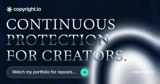 Social ad for copyright.io: "Continuous protection for creators." Agentic glass style, poster layout, dark palette in black, blue, grey.
