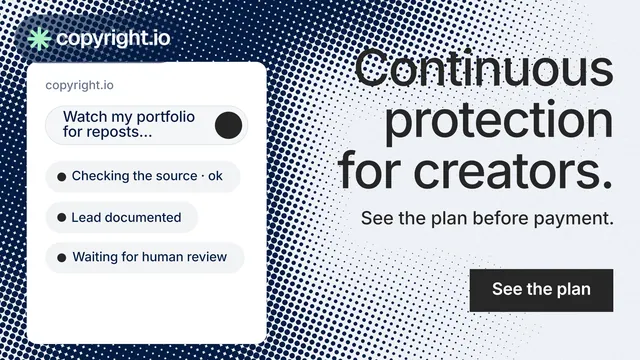 Landscape graphic for copyright.io: "Continuous protection for creators." Swiss style, right layout, light palette in white, grey, blue.