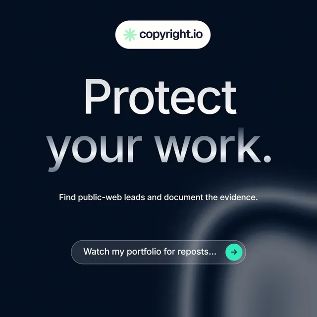 Instagram post for copyright.io: "Protect your work." Agentic glass style, centred layout, dark palette in black, grey, blue.