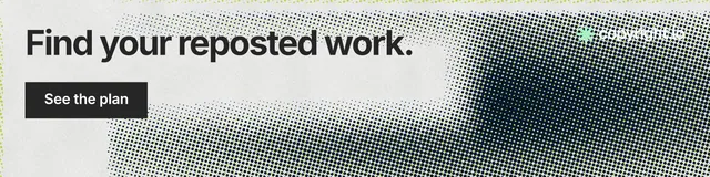LinkedIn banner for copyright.io: "Find your reposted work." Swiss style, skeleton layout, light palette in grey, white.