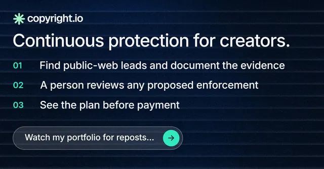 Social ad for copyright.io: "Continuous protection for creators." Agentic glass style, numbered layout, dark palette in black, blue.