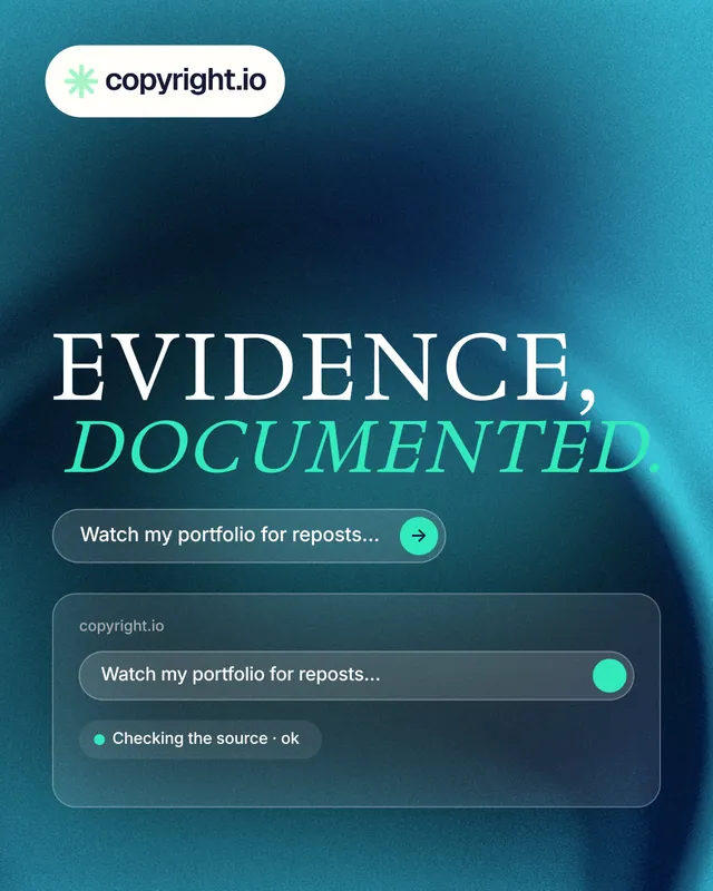 Instagram portrait post for copyright.io: "Evidence, documented." Agentic glass style, stacked layout, dark palette in blue, teal.