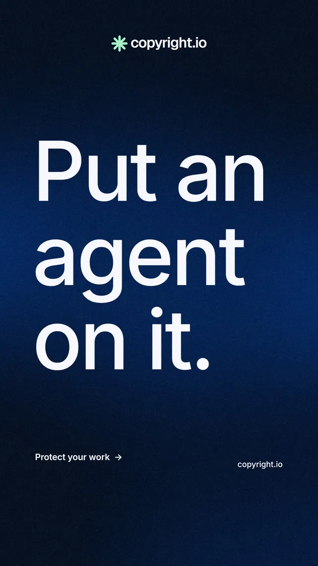 Instagram story for copyright.io: "Put an agent on it." Minimal luxury style, poster layout, dark palette in black, blue, grey.