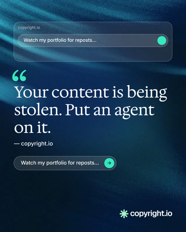 Instagram portrait post for copyright.io: "Continuous protection for creators." Agentic glass style, quote layout, dark palette in black, blue.