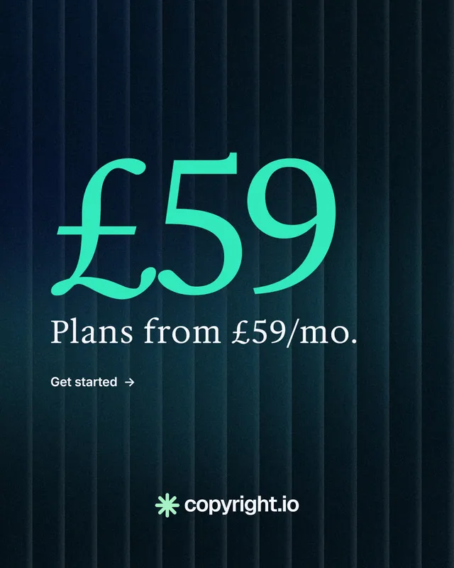 Instagram portrait post for copyright.io: "See the plan first." Minimal luxury style, stat layout, dark palette in black, teal.