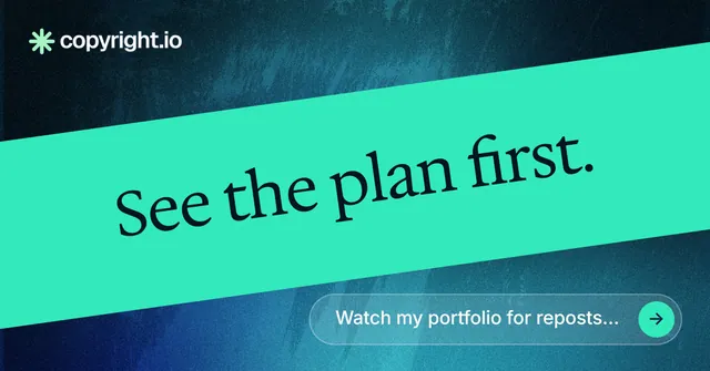 Social ad for copyright.io: "See the plan first." Agentic glass style, diagonal layout, light palette in teal, blue.
