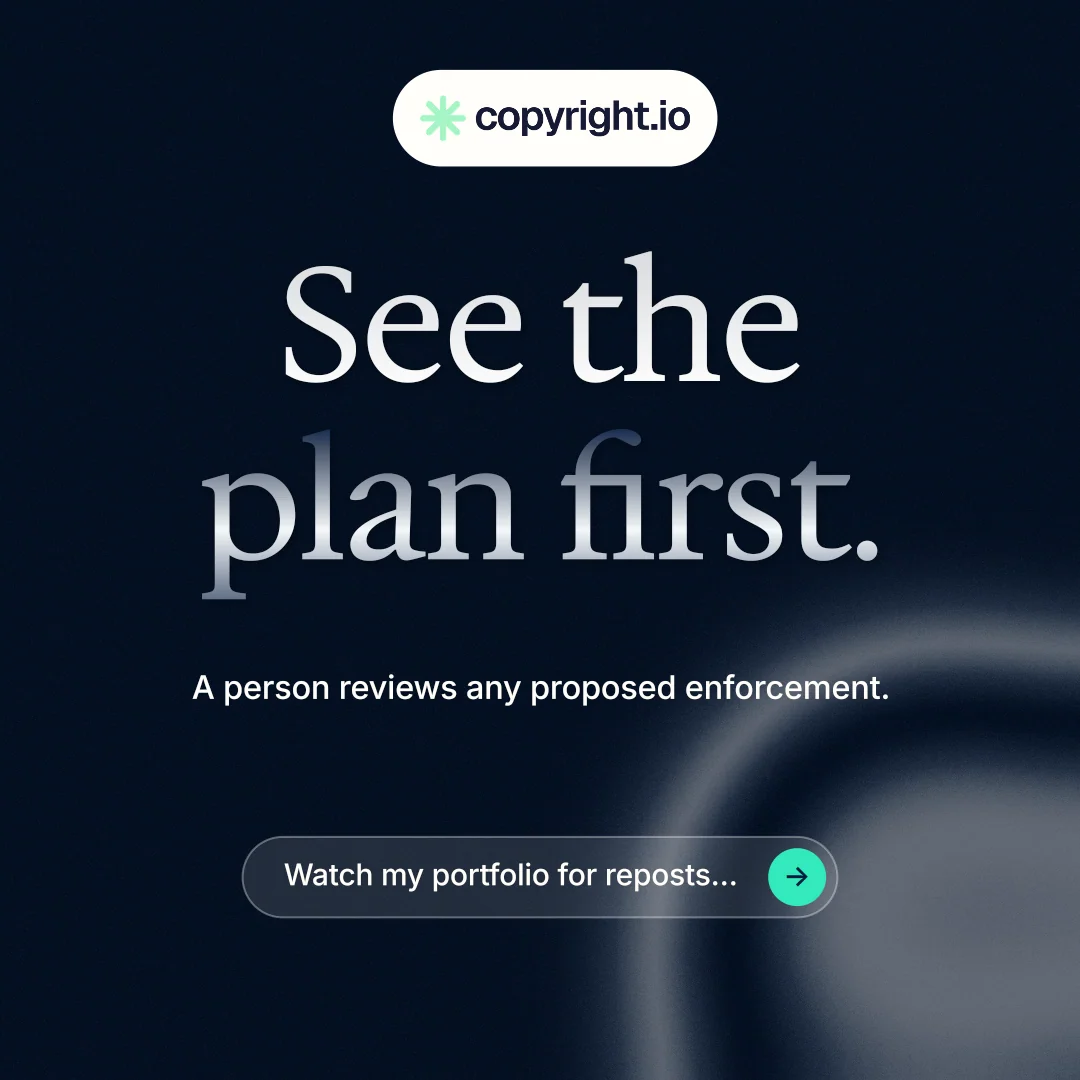 Instagram post for copyright.io: "See the plan first." Agentic glass style, centred layout, dark palette in black, grey.