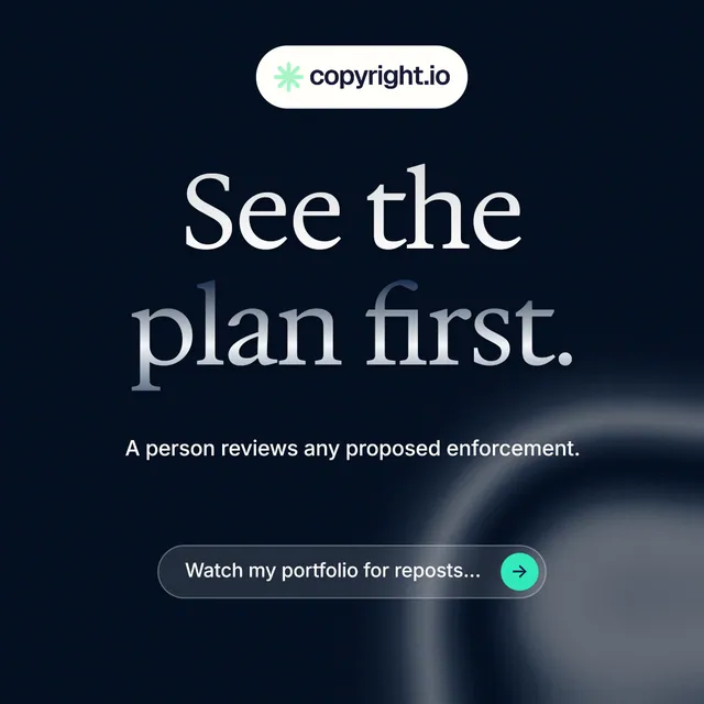 Instagram post for copyright.io: "See the plan first." Agentic glass style, centred layout, dark palette in black, grey.