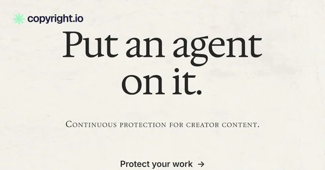 Social ad for copyright.io: "Put an agent on it." Swiss style, smallcaps layout, light palette in white, grey.