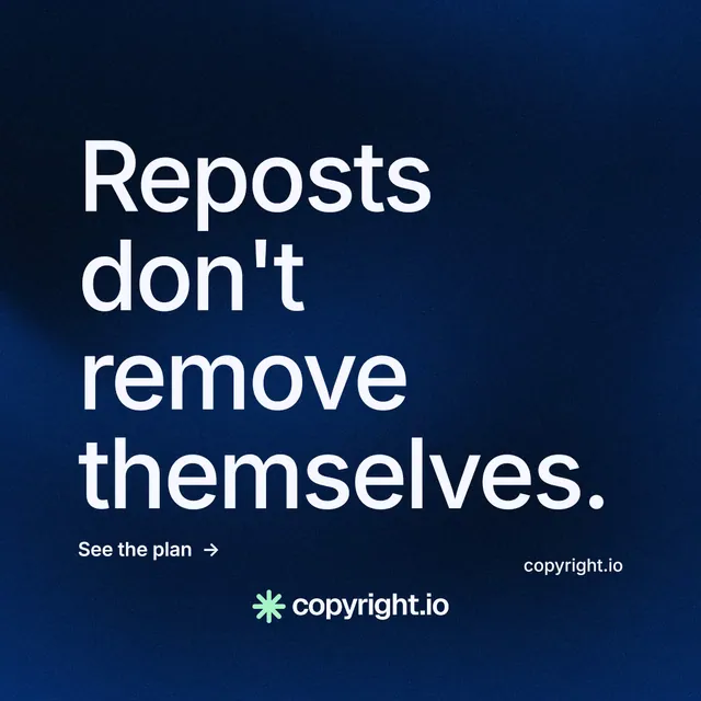 Instagram post for copyright.io: "Reposts don't remove themselves." Minimal luxury style, poster layout, dark palette in blue, black, grey.