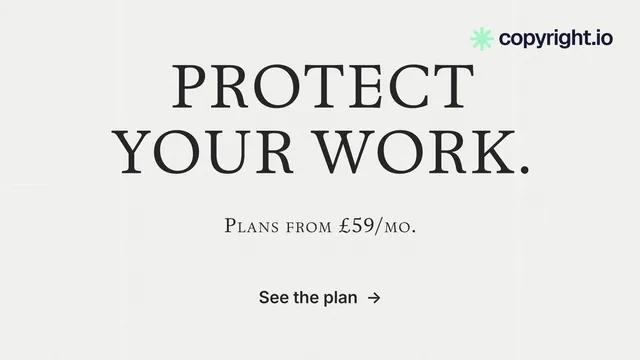 Landscape graphic for copyright.io: "Protect your work." Minimal luxury style, smallcaps layout, light palette in white, grey.