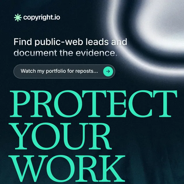 Instagram post for copyright.io: "Protect your work." Agentic glass style, oversized layout, dark palette in black, teal.