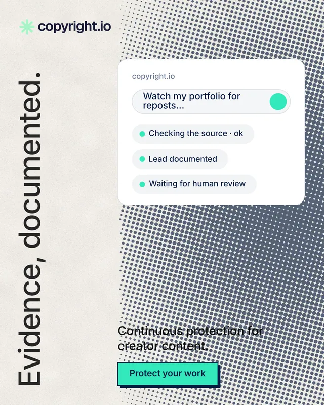 Instagram portrait post for copyright.io: "Evidence, documented." Brutalist style, vertical layout, light palette in grey, white.