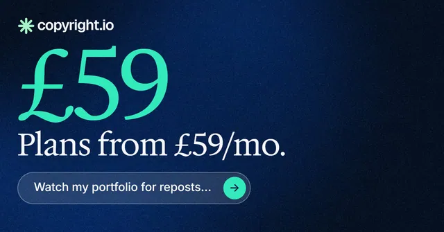 Social ad for copyright.io: "See the plan first." Agentic glass style, stat layout, dark palette in blue, black, teal.