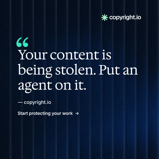 Instagram post for copyright.io: "Your content is being stolen." Minimal luxury style, quote layout, dark palette in black, blue.