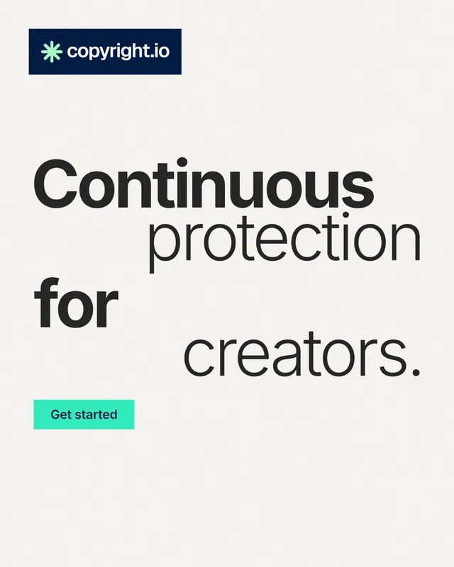Instagram portrait post for copyright.io: "Continuous protection for creators." Swiss style, stacked layout, light palette in white, grey.
