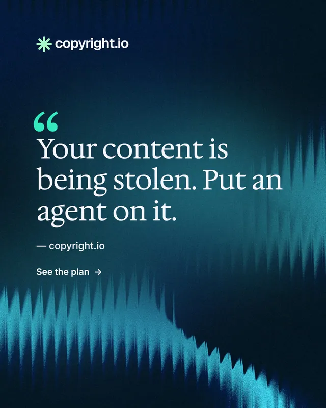Instagram portrait post for copyright.io: "Evidence, documented." Minimal luxury style, quote layout, dark palette in blue, teal, black.