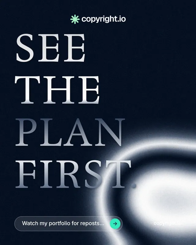 Instagram portrait post for copyright.io: "See the plan first." Agentic glass style, poster layout, dark palette in black, blue, grey.