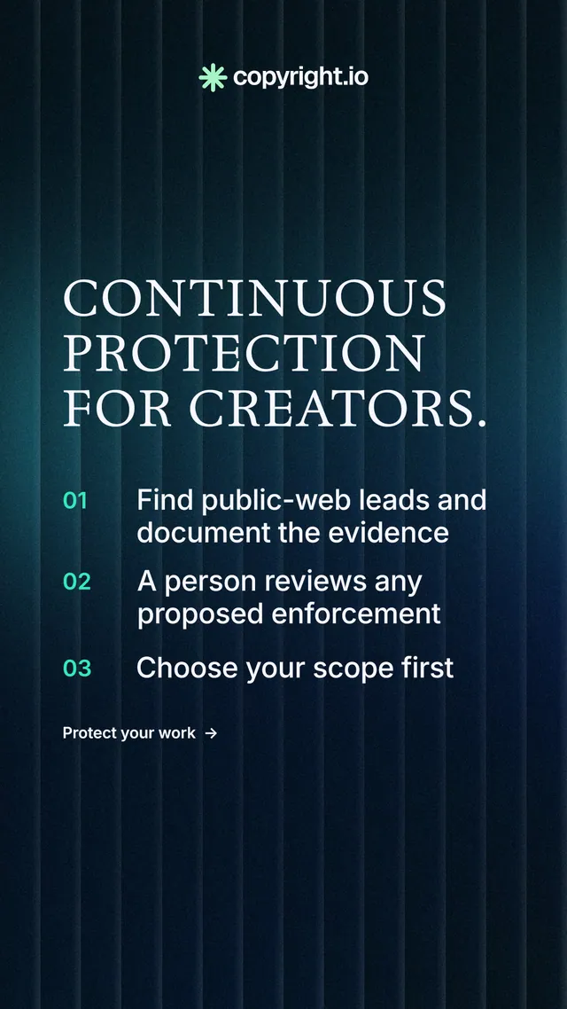 Instagram story for copyright.io: "Continuous protection for creators." Minimal luxury style, numbered layout, dark palette in blue, black.