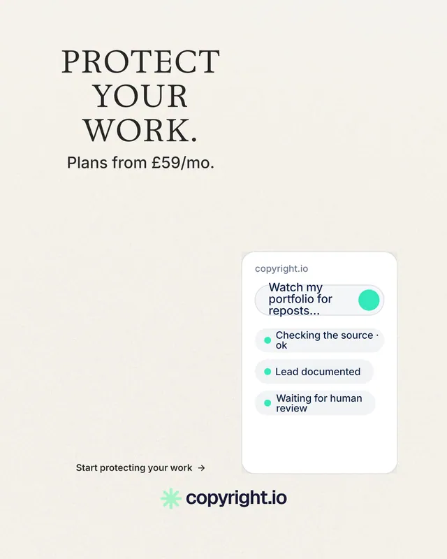 Instagram portrait post for copyright.io: "Protect your work." Minimal luxury style, skeleton layout, light palette in white.