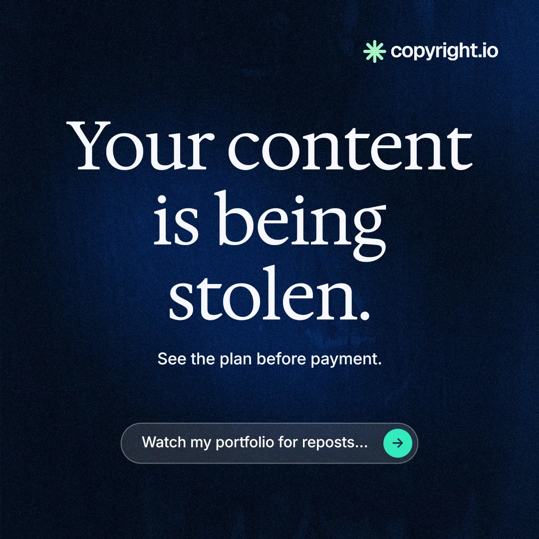 Instagram post for copyright.io: "Your content is being stolen." Agentic glass style, centred layout, dark palette in black, blue.