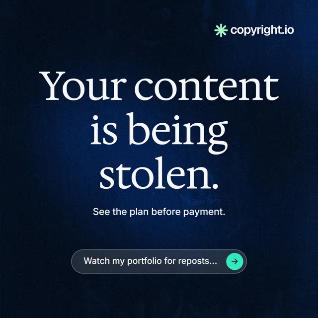 Instagram post for copyright.io: "Your content is being stolen." Agentic glass style, centred layout, dark palette in black, blue.