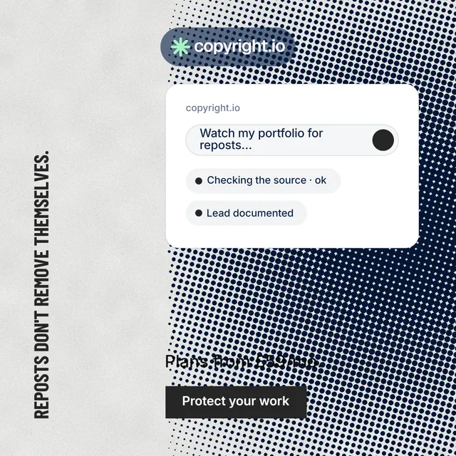 Instagram post for copyright.io: "Reposts don't remove themselves." Retro print style, vertical layout, light palette in grey, white.