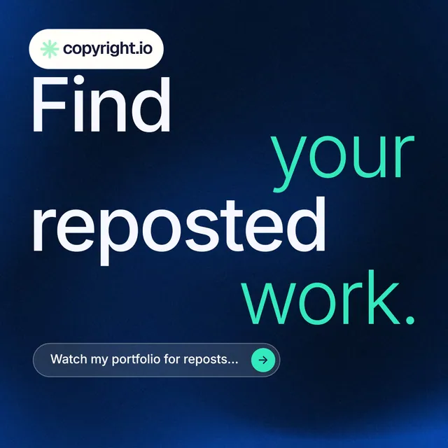 Instagram post for copyright.io: "Find your reposted work." Agentic glass style, stacked layout, dark palette in blue, black.