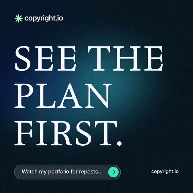 Instagram post for copyright.io: "See the plan first." Agentic glass style, poster layout, dark palette in blue, black.